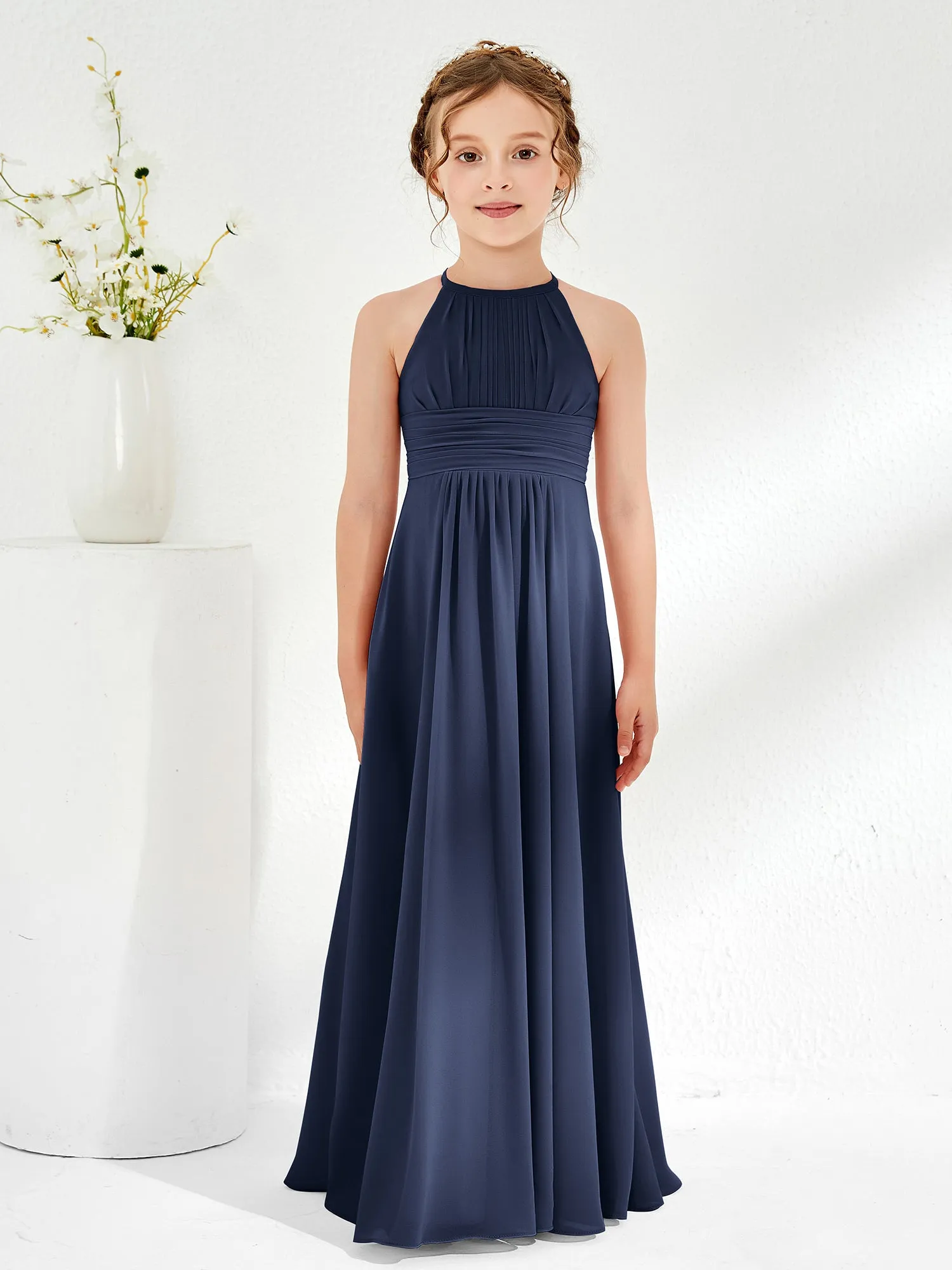 Halter Chiffon Junior Bridesmaid Dresses Dark Navy