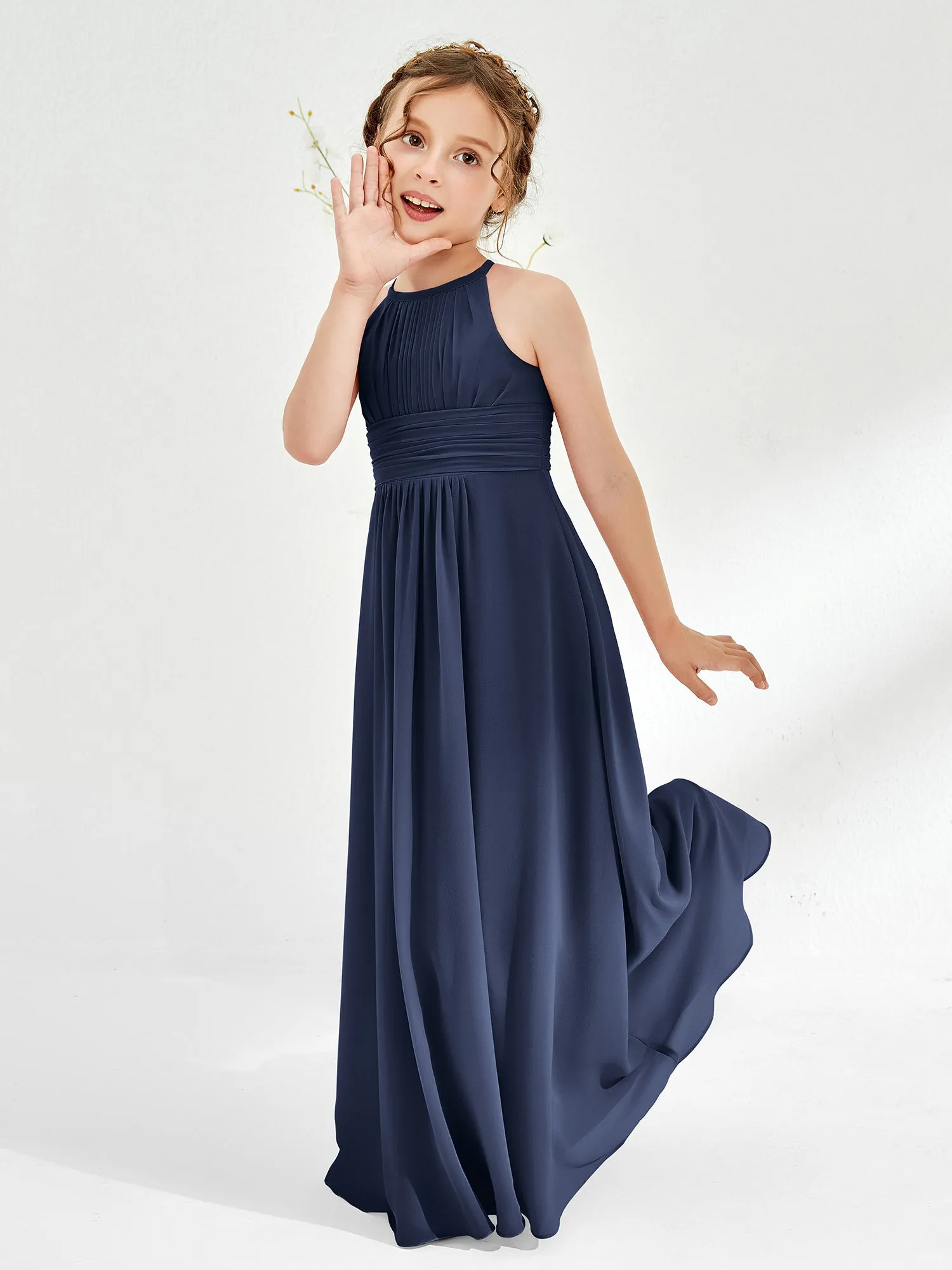 Halter Chiffon Junior Bridesmaid Dresses Dark Navy