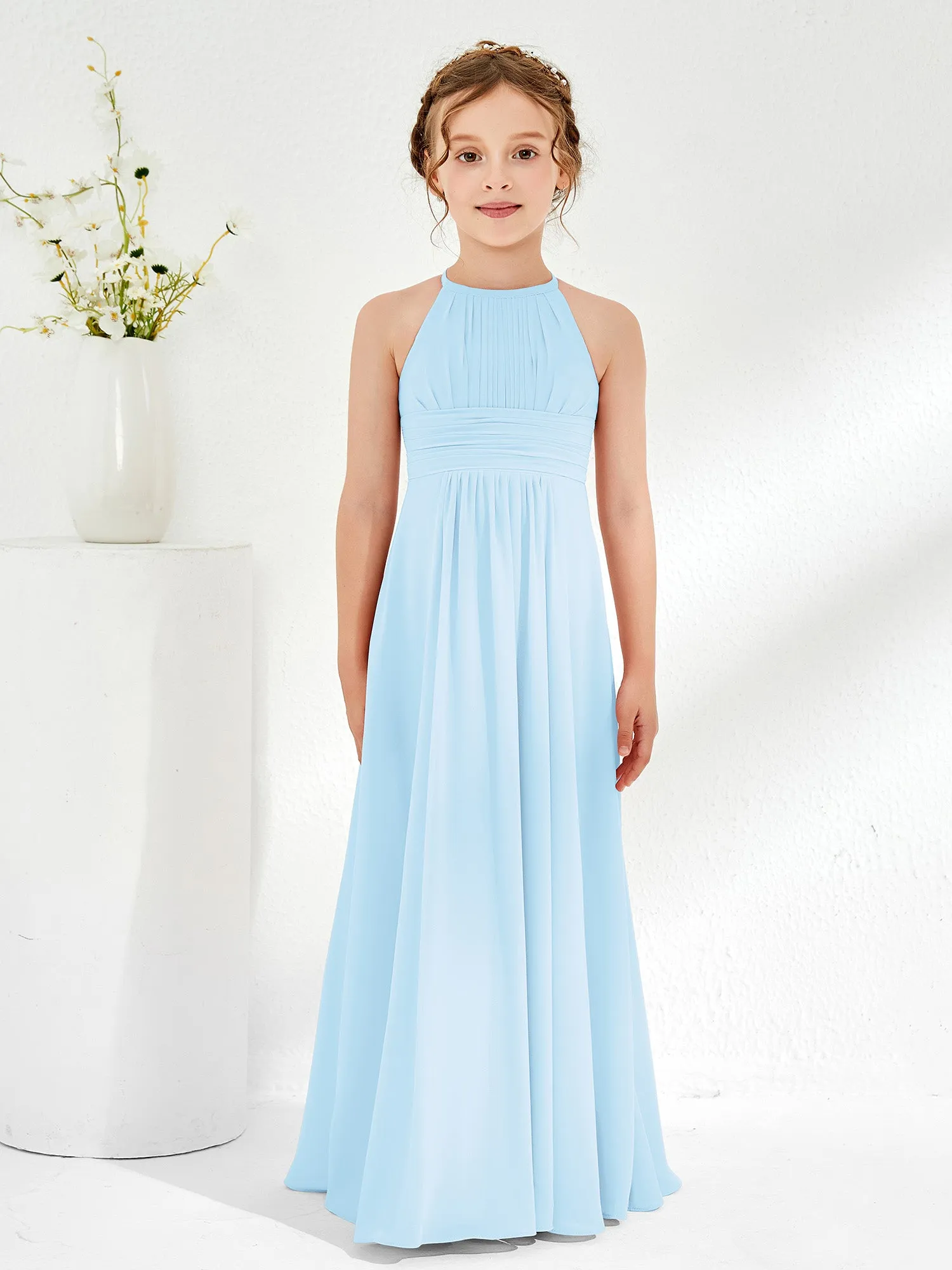 Halter Chiffon Junior Bridesmaid Dresses Sky Blue