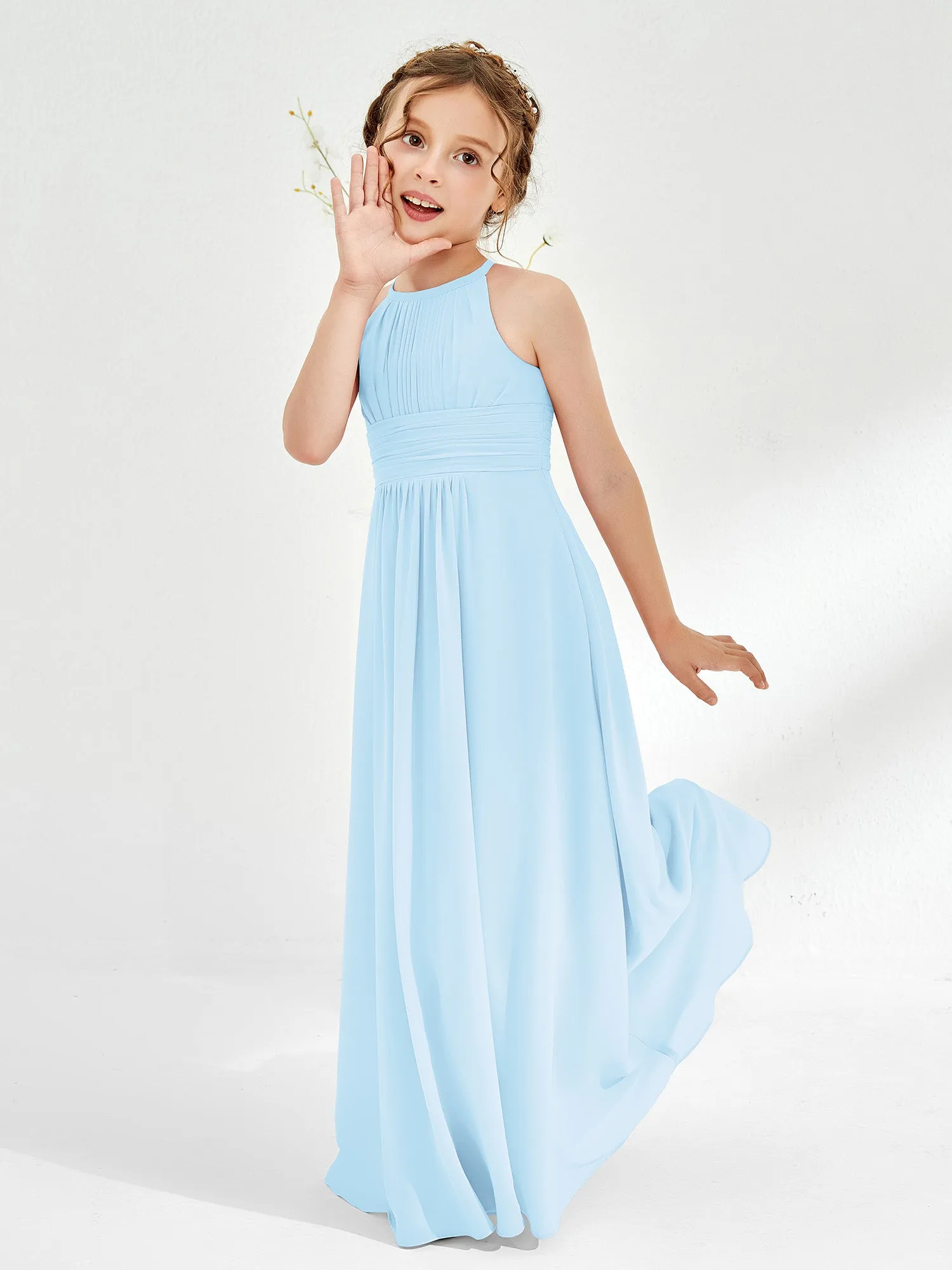 Halter Chiffon Junior Bridesmaid Dresses Sky Blue