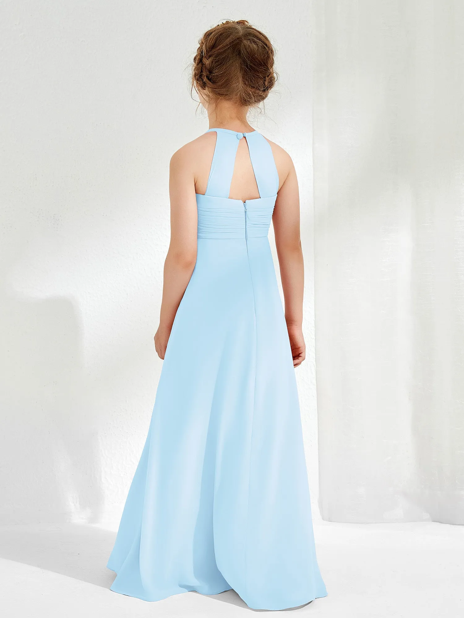 Halter Chiffon Junior Bridesmaid Dresses Sky Blue