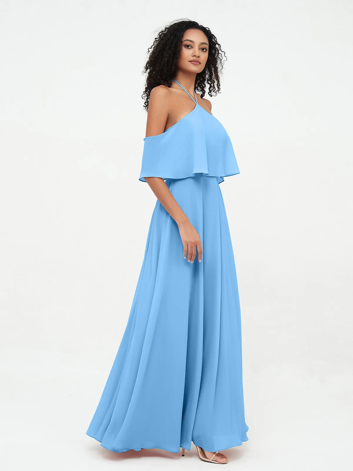 Halter Off the Shoulder Max Dresses with Pockets-Blue Plus Size