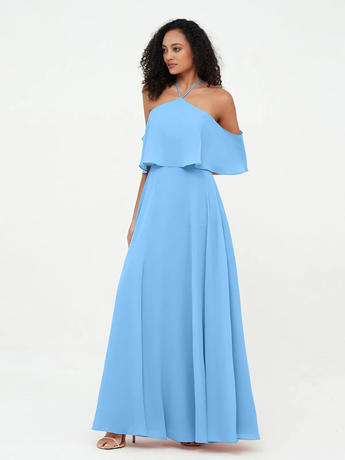 Halter Off the Shoulder Max Dresses with Pockets-Blue Plus Size