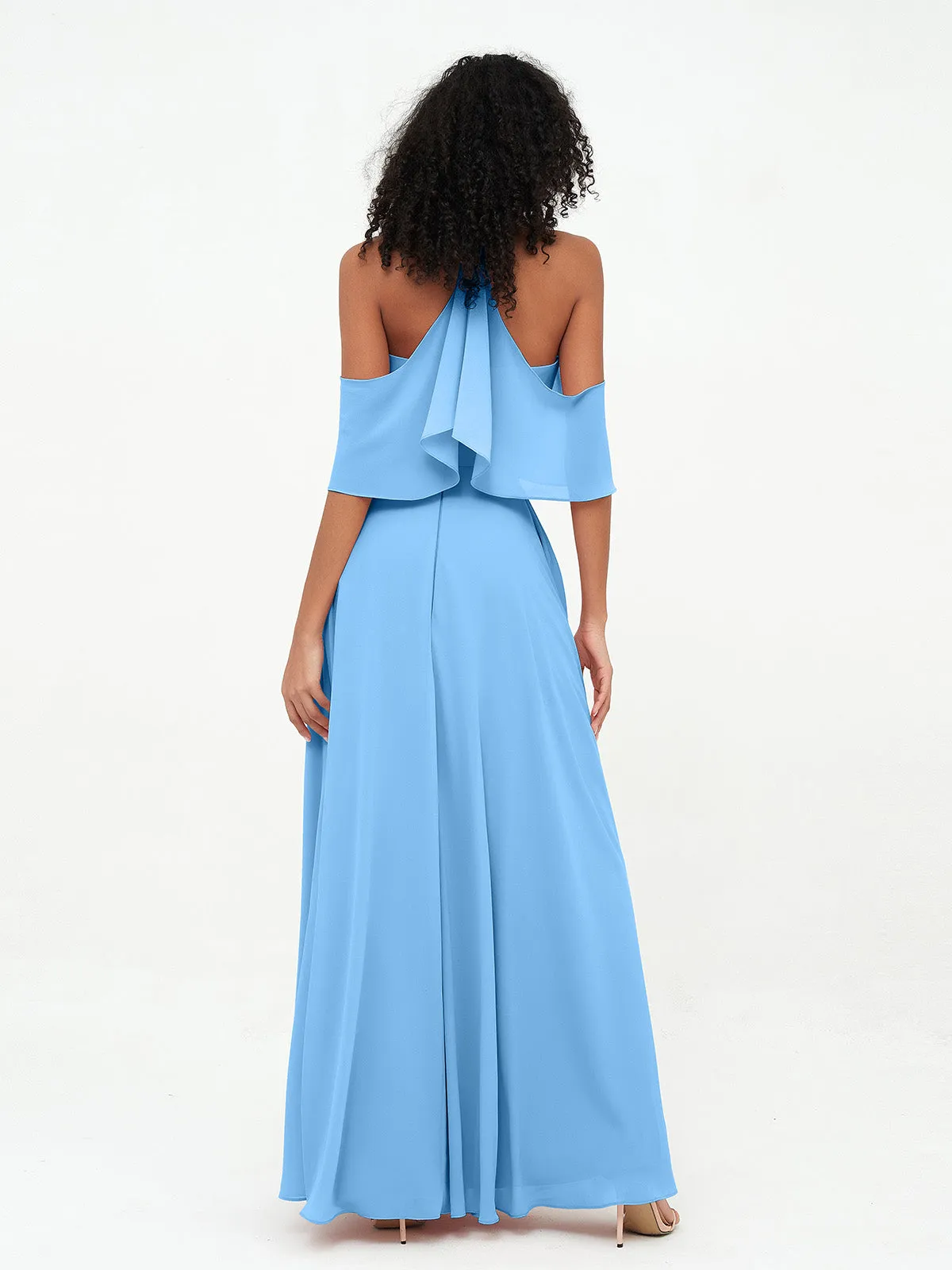 Halter Off the Shoulder Max Dresses with Pockets-Blue Plus Size