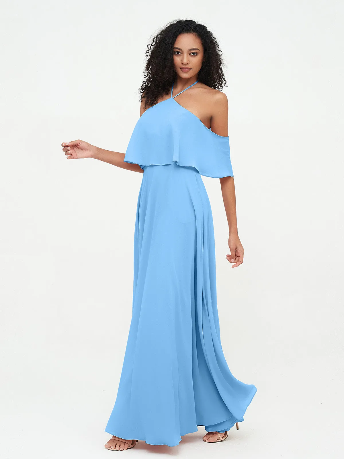 Halter Off the Shoulder Max Dresses with Pockets-Blue Plus Size