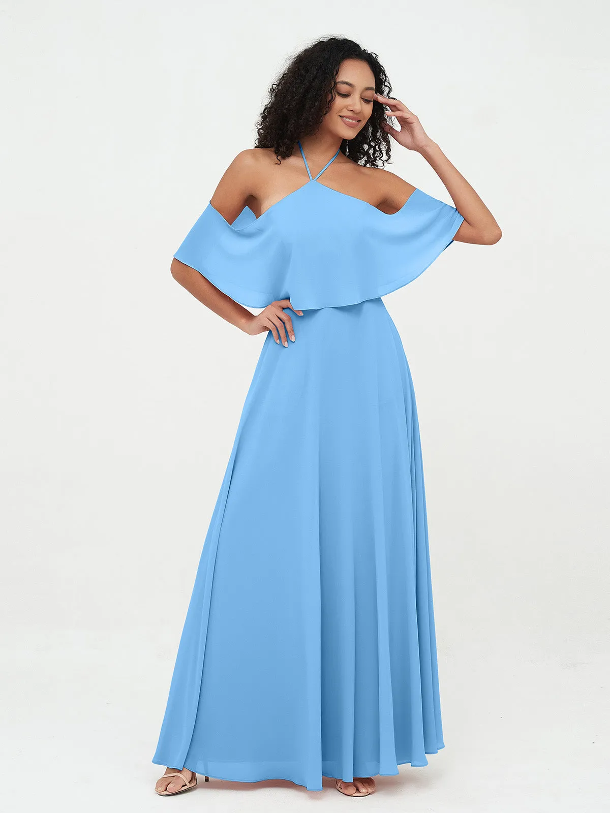 Halter Off the Shoulder Max Dresses with Pockets-Blue Plus Size