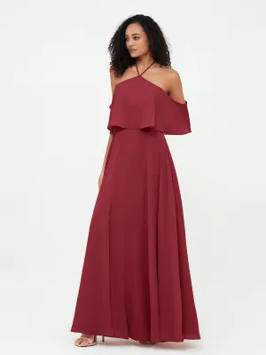 Halter Off the Shoulder Max Dresses with Pockets-Burgundy