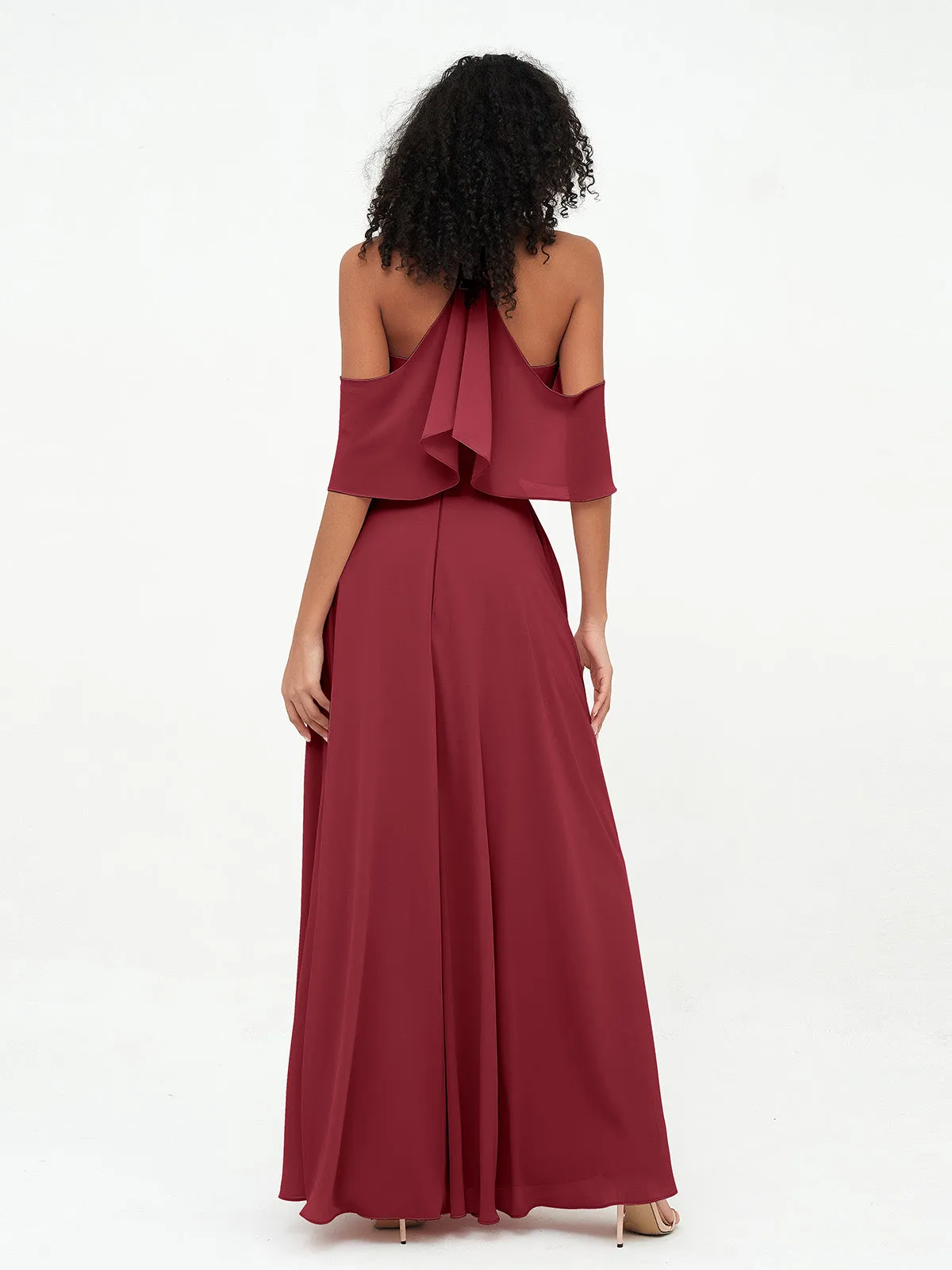 Halter Off the Shoulder Max Dresses with Pockets-Burgundy