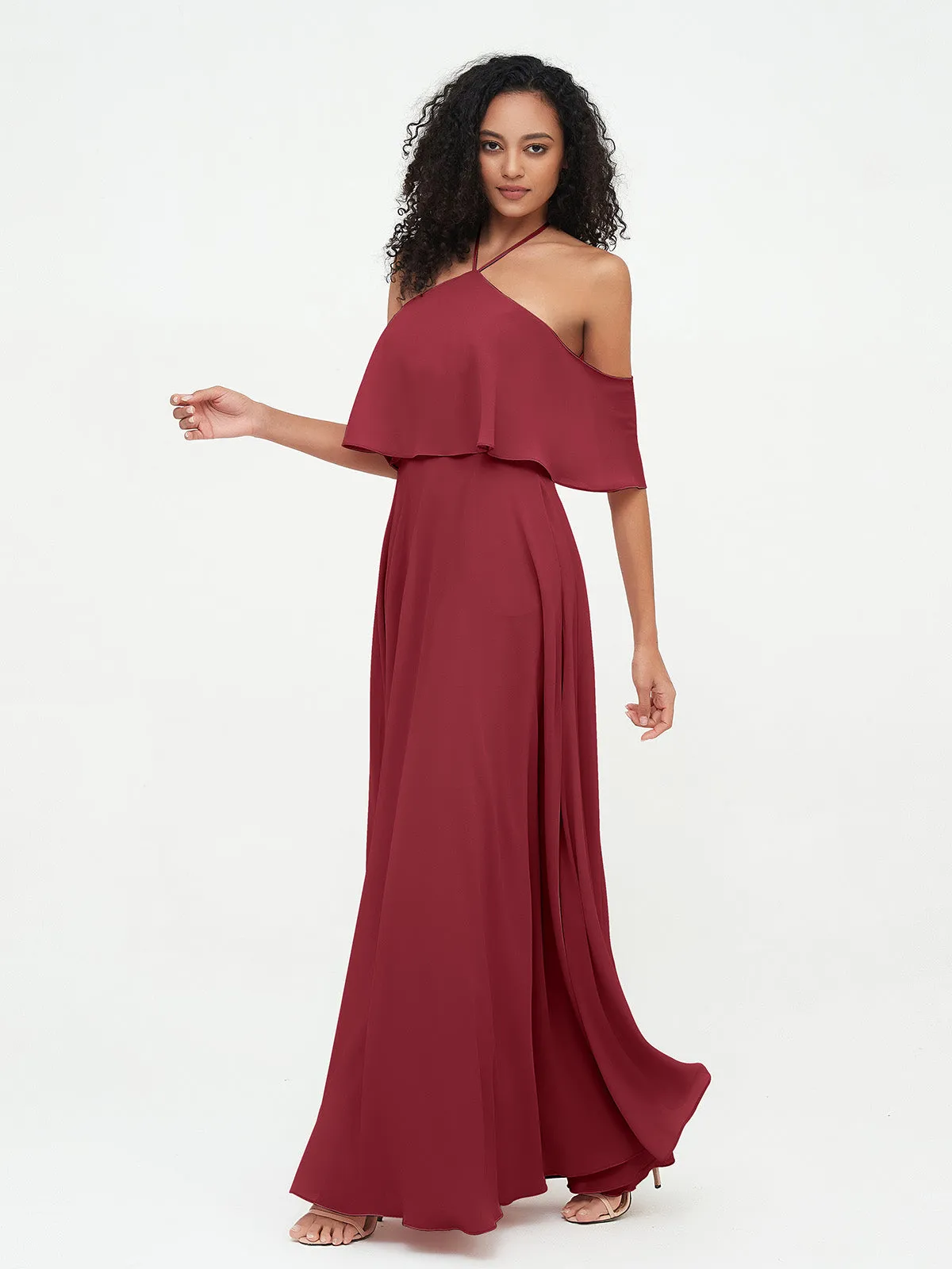 Halter Off the Shoulder Max Dresses with Pockets-Burgundy