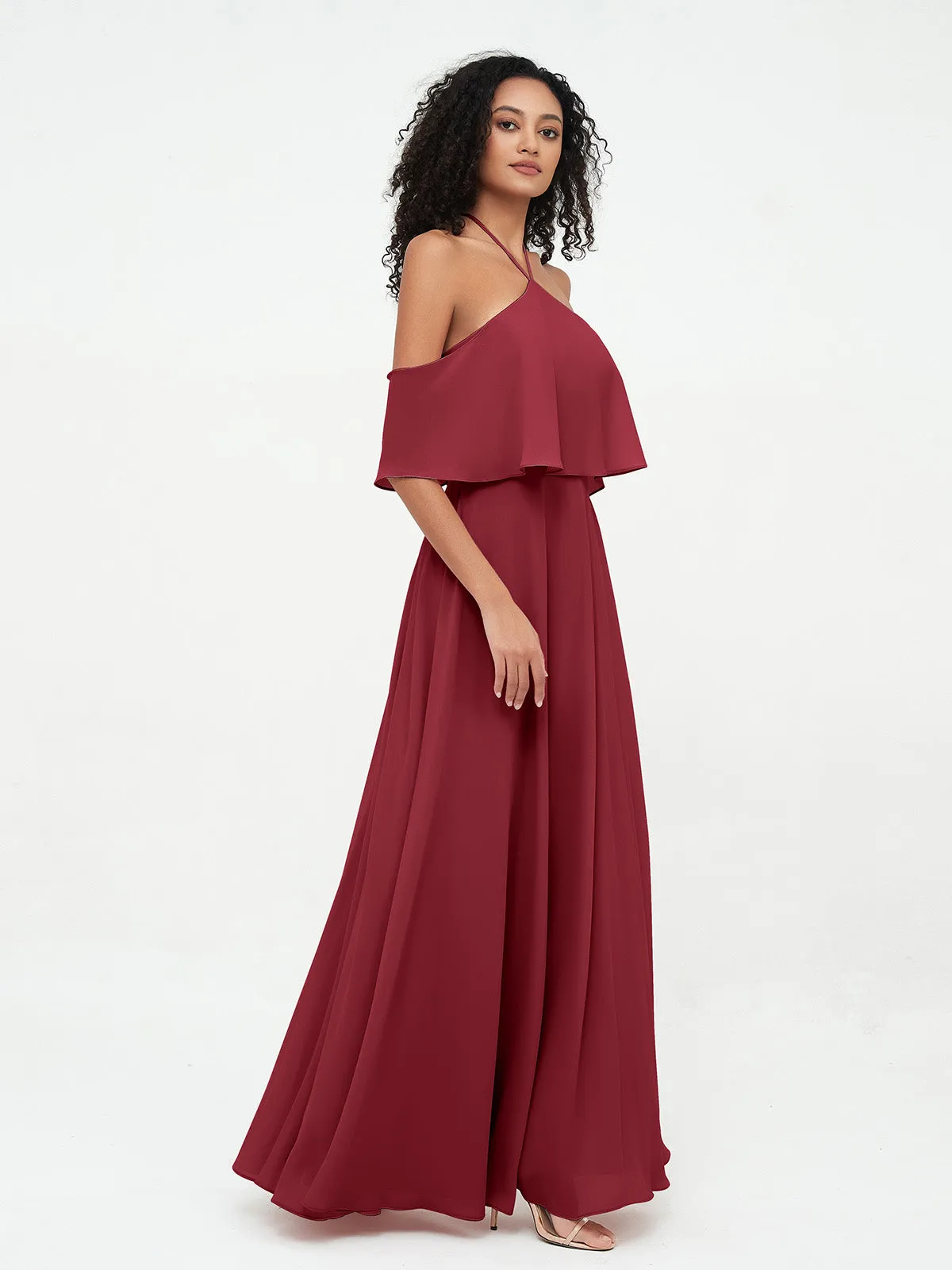 Halter Off the Shoulder Max Dresses with Pockets-Burgundy