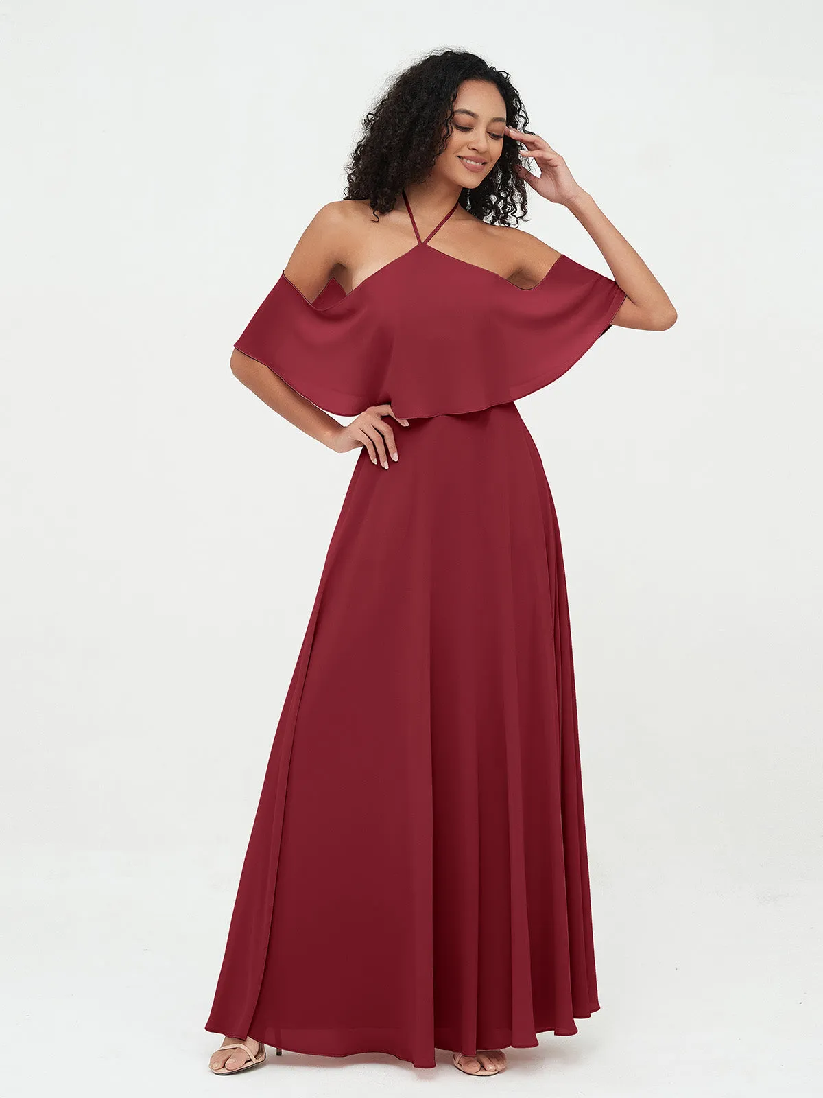 Halter Off the Shoulder Max Dresses with Pockets-Burgundy