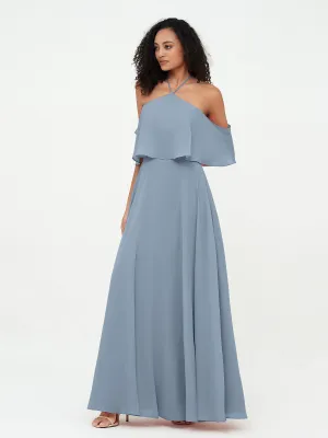 Halter Off the Shoulder Max Dresses with Pockets-Dusty Blue