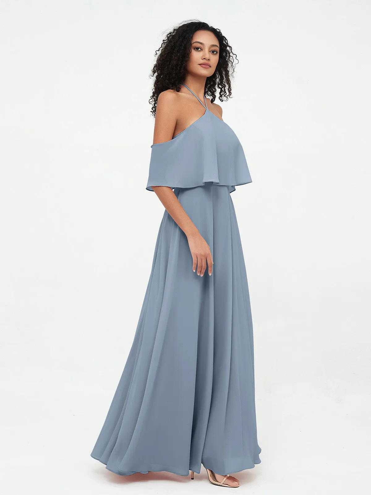 Halter Off the Shoulder Max Dresses with Pockets-Dusty Blue