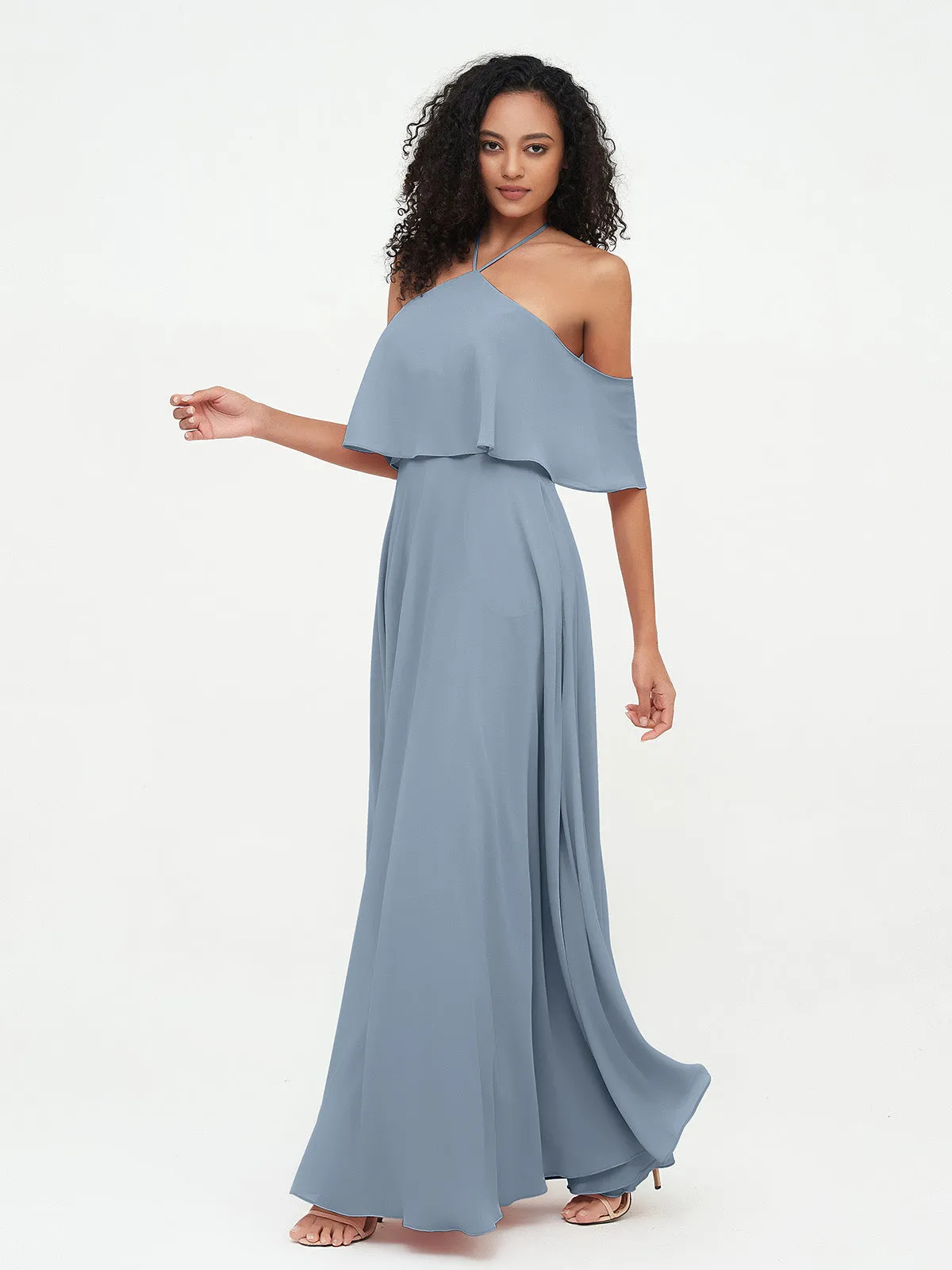 Halter Off the Shoulder Max Dresses with Pockets-Dusty Blue