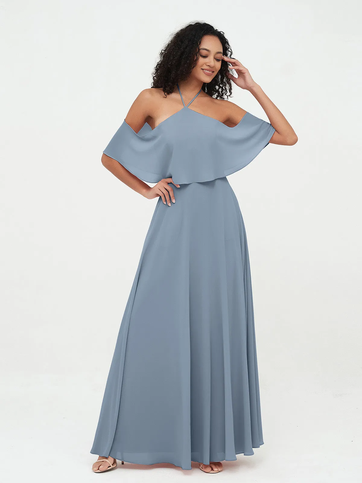 Halter Off the Shoulder Max Dresses with Pockets-Dusty Blue