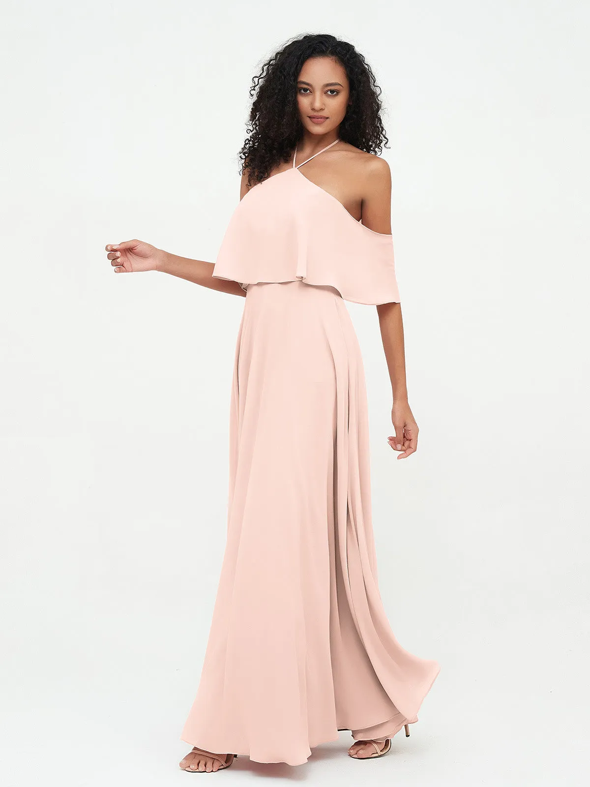 Halter Off the Shoulder Max Dresses with Pockets-Pearl Pink Plus Size