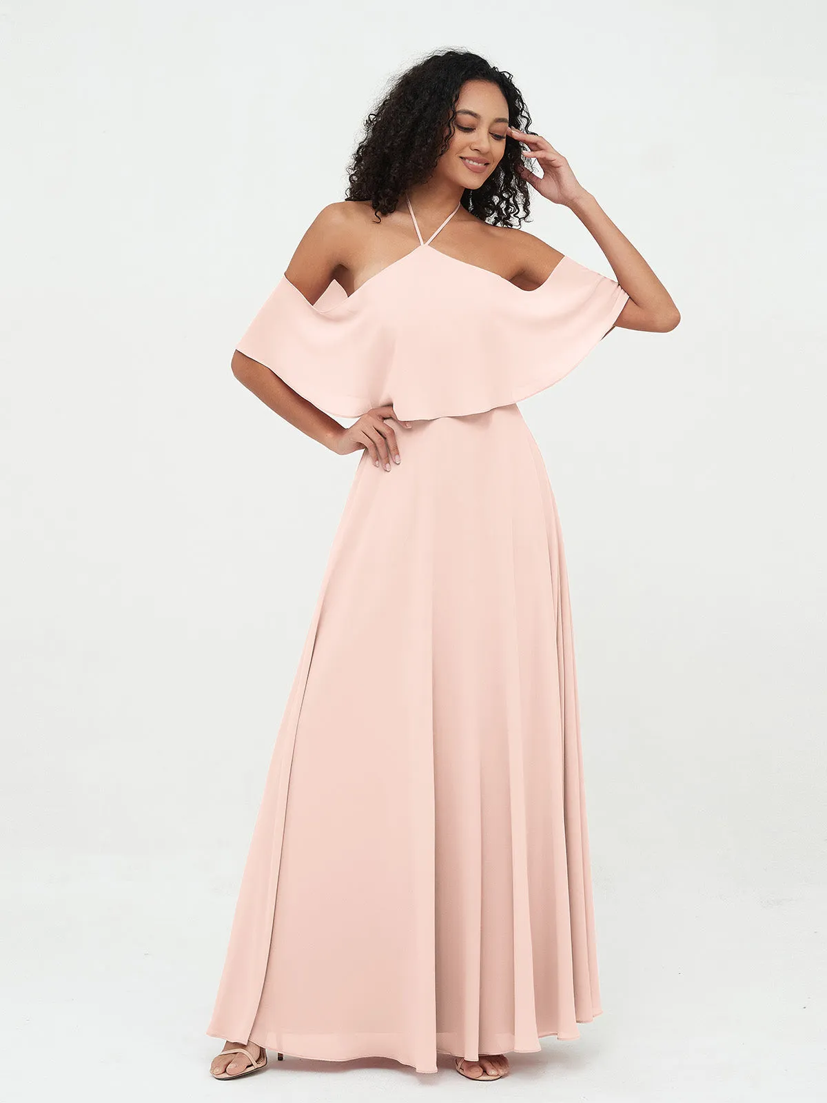 Halter Off the Shoulder Max Dresses with Pockets-Pearl Pink Plus Size