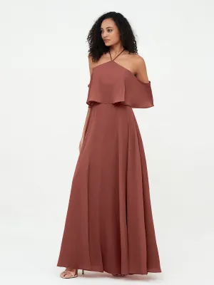 Halter Off the Shoulder Max Dresses with Pockets-Terracotta