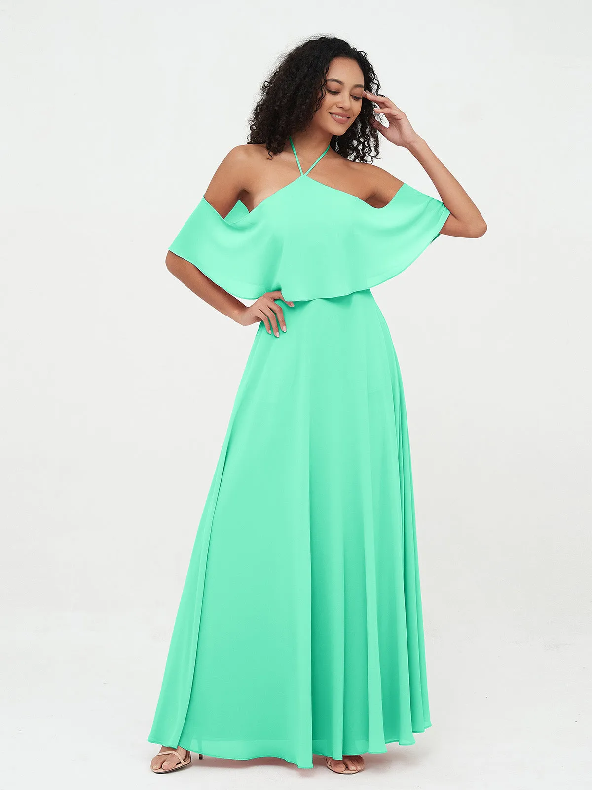 Halter Off the Shoulder Max Dresses with Pockets-Turquoise