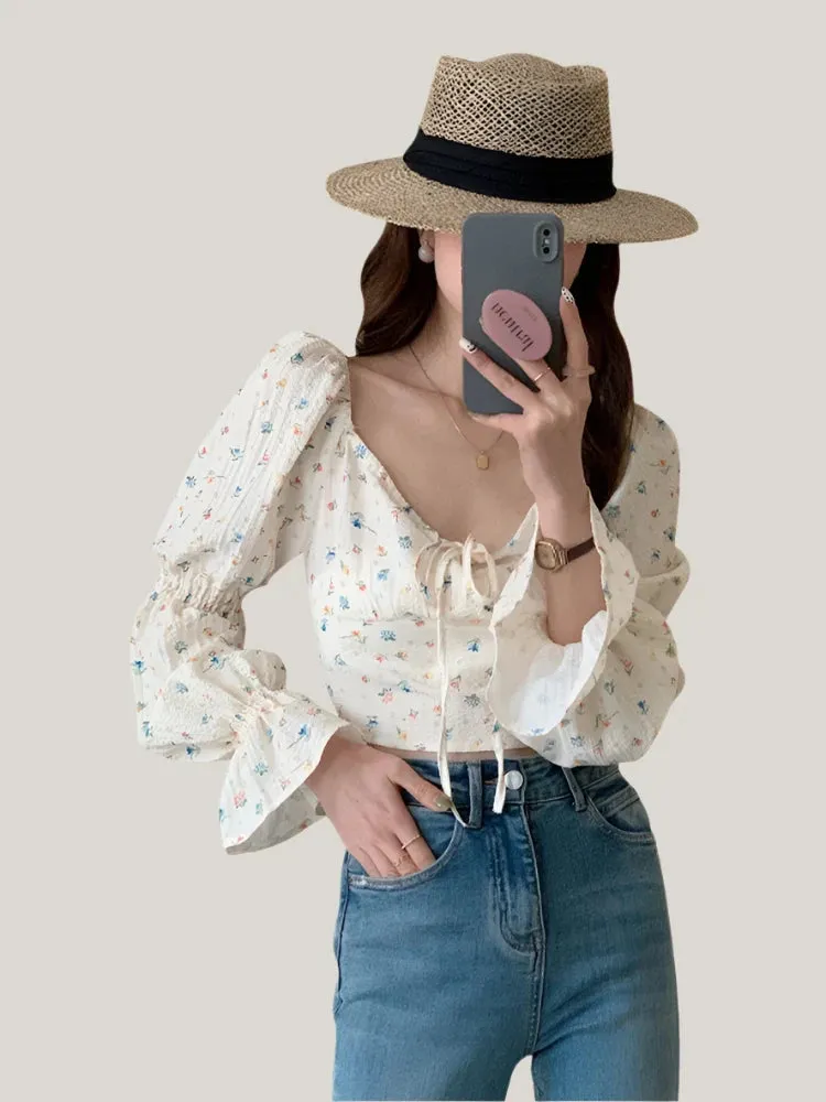 Hollow Bow Slash Neck Printed Women Blouse Spring Long Sleeve Elegant Fashion Female Streetwear Outfits Slim Chic Blouses