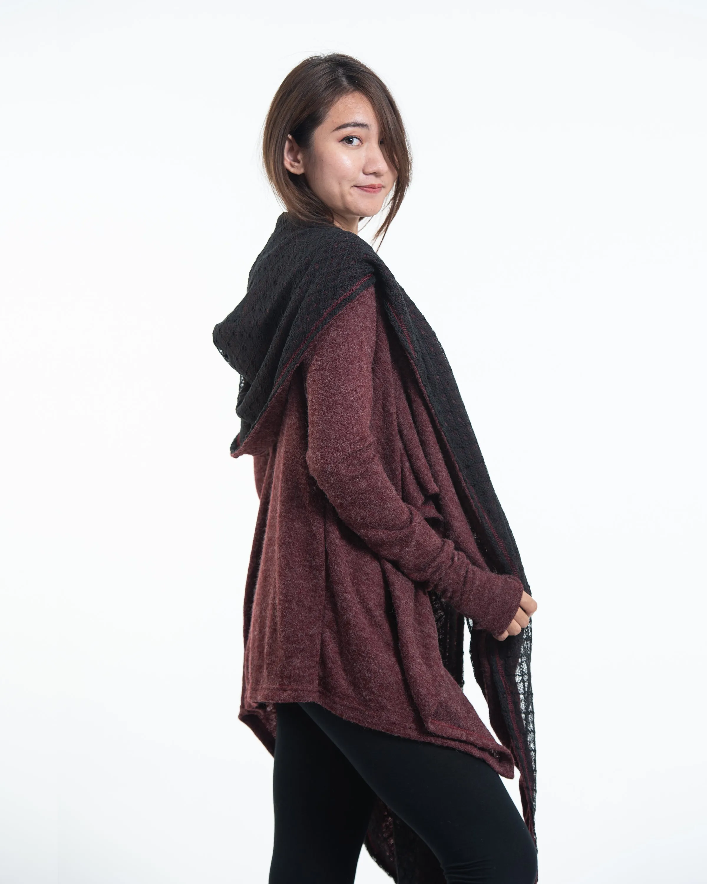 Hoodie Shawl Cardigan in Maroon