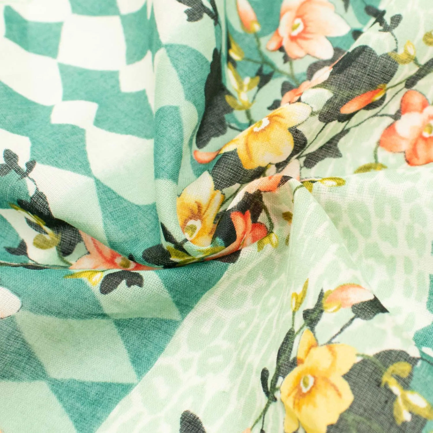 Japanese Pure Cotton Lawn Prints Design-176 Orange & Yellow Floral Vines and Teal Rhombus on Mint