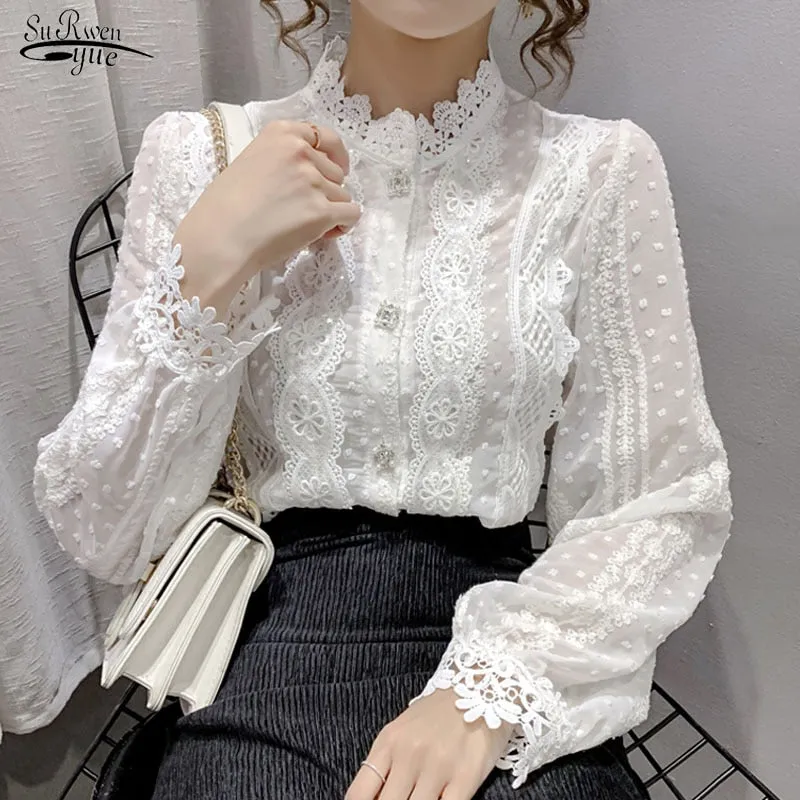 Joskaa Christmas Gift Fashion Long Sleeve Flower Crochet Stitching Blouse Women Spring Elegant Lace Chiffon Shirts Sweet Loose Korean Top Blusas 15996