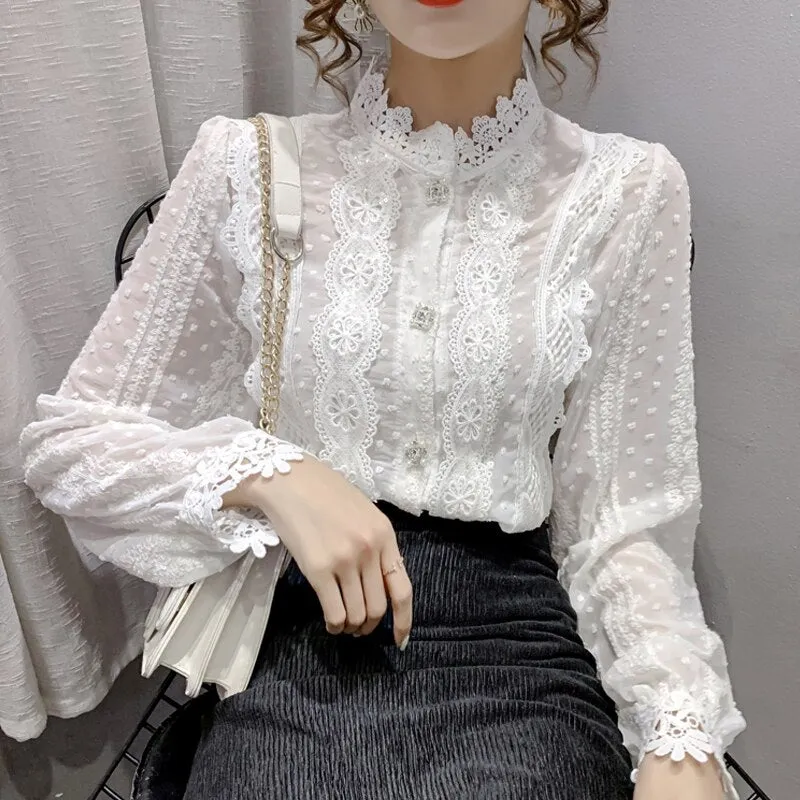 Joskaa Christmas Gift Fashion Long Sleeve Flower Crochet Stitching Blouse Women Spring Elegant Lace Chiffon Shirts Sweet Loose Korean Top Blusas 15996