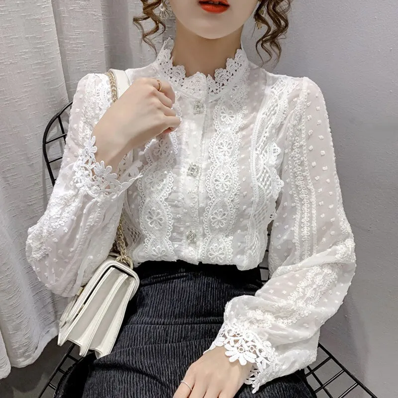 Joskaa Christmas Gift Fashion Long Sleeve Flower Crochet Stitching Blouse Women Spring Elegant Lace Chiffon Shirts Sweet Loose Korean Top Blusas 15996