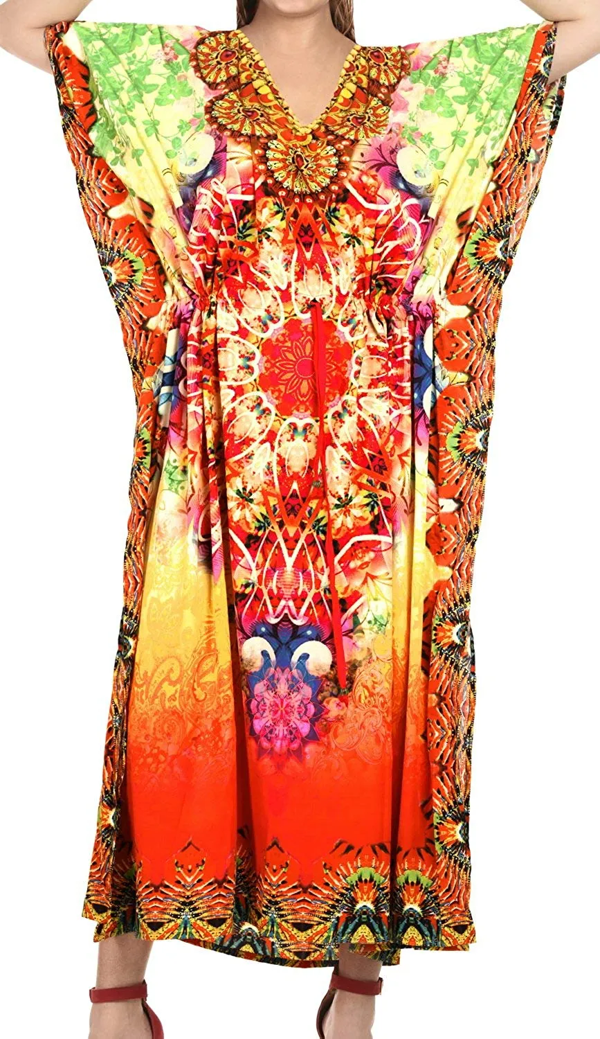 LA LEELA Digital Women's Kaftan Kimono Nightgown Beachwear Cover up Dress