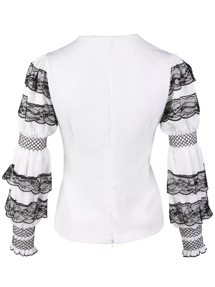 Lace Panel Slim Shirt For Women V Neck Puff Sleeve Colorblock Elegant Blouses Female Autumn Clothing Fashion