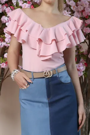 Light Pink V Neck Ruffled Top