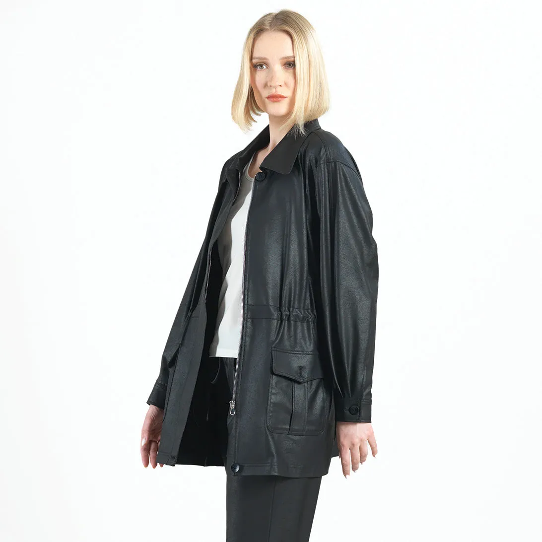 Liquid Leather™ Drawstring Waist Utility Jacket - Black