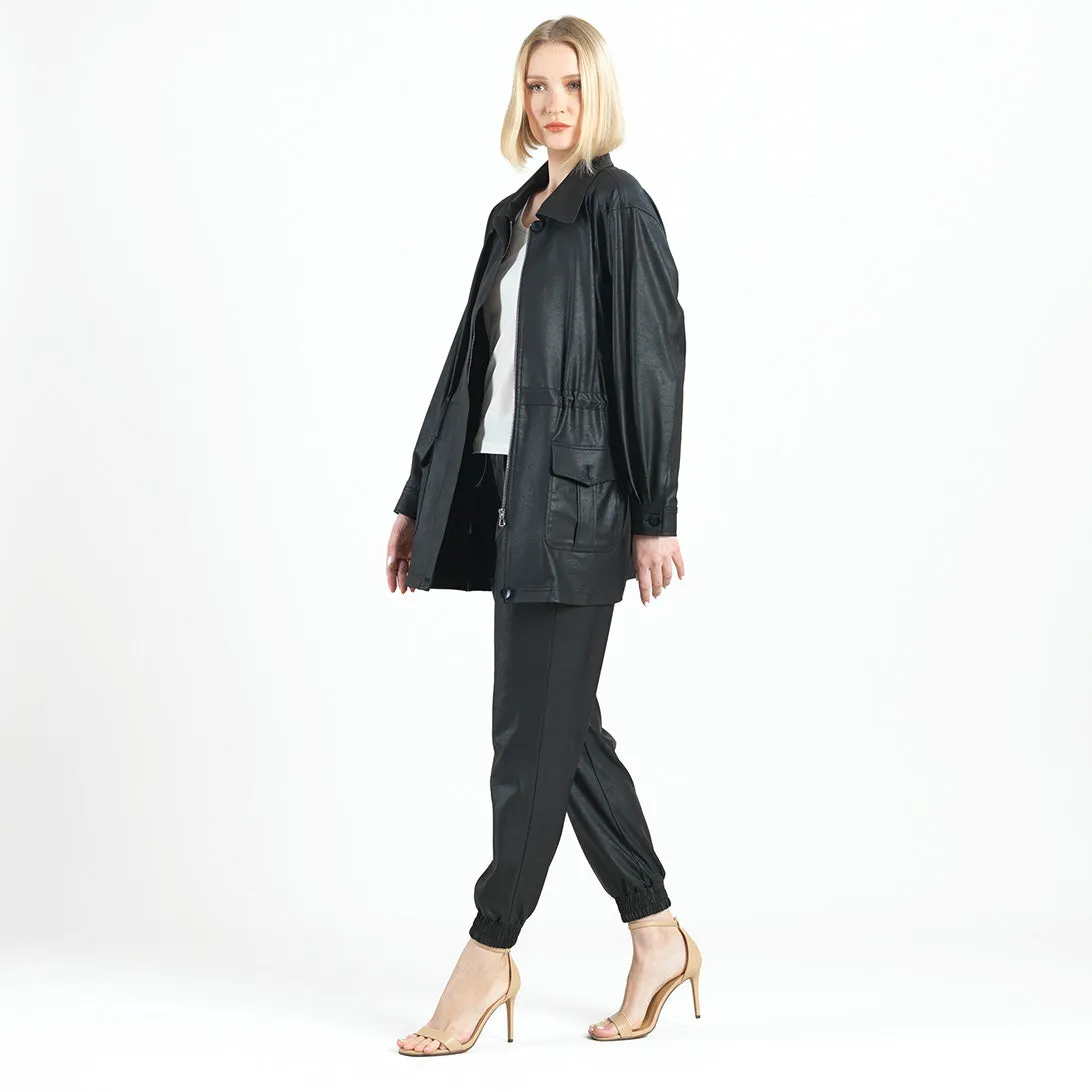 Liquid Leather™ Drawstring Waist Utility Jacket - Black