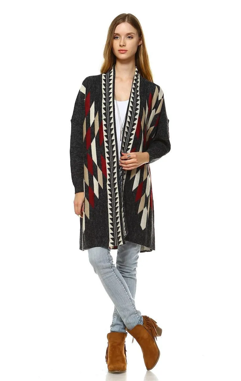 Long Aztec Cardigan Tribal Sweater Border Diamond Charcoal