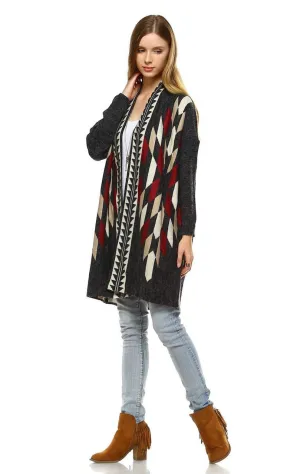 Long Aztec Cardigan Tribal Sweater Border Diamond Charcoal