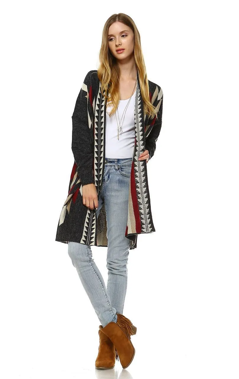 Long Aztec Cardigan Tribal Sweater Border Diamond Charcoal