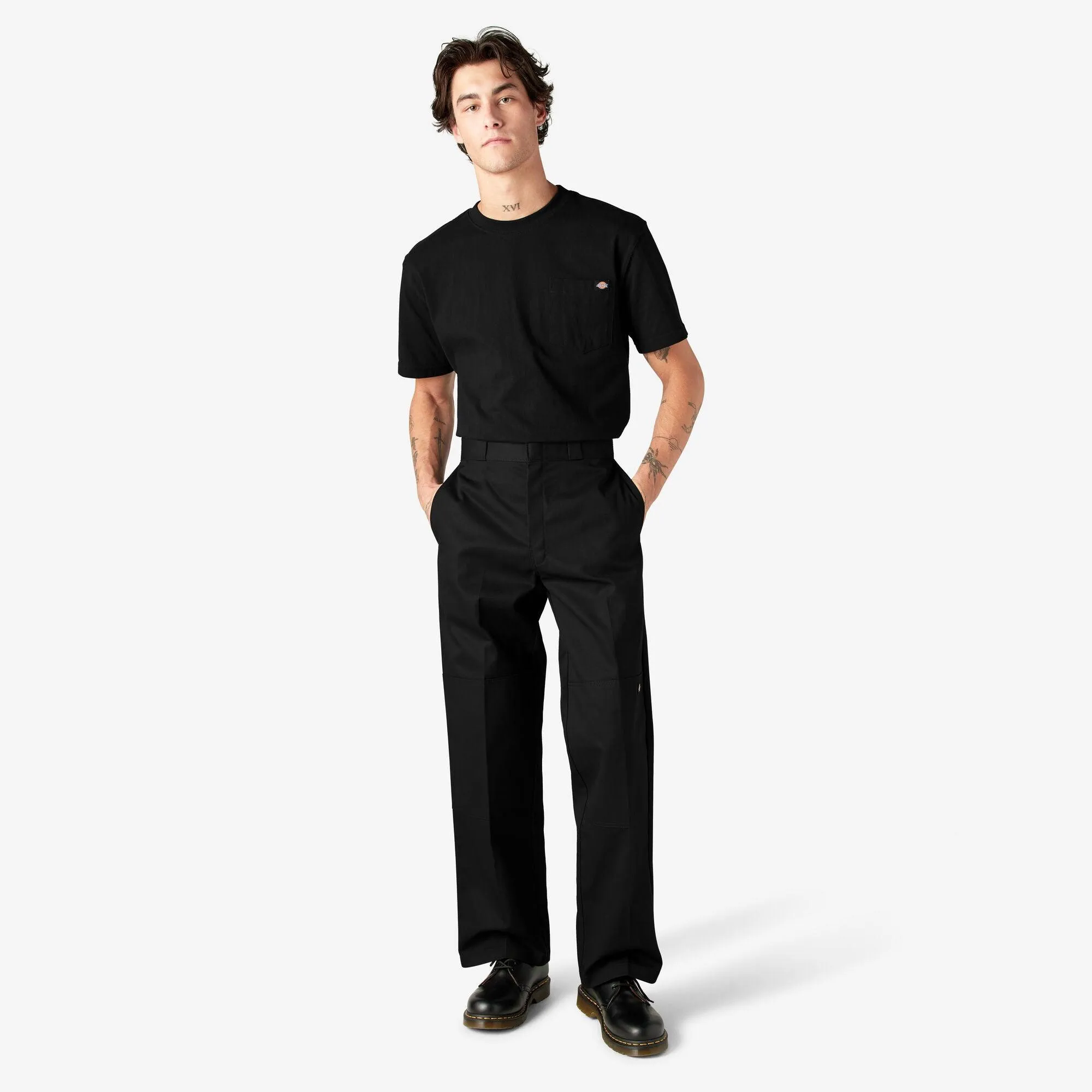 Loose Fit Double Knee Work Pants, Black