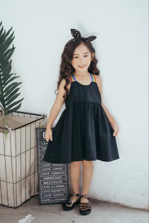 Lovely Simply Black Rainbow Strap A-Line Cotton Mini Dress For Girls