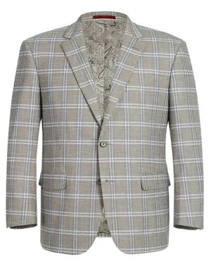 Mens Two Button Classic Fit Sport Coat Grey Tan Windowpane Plaid Blazer