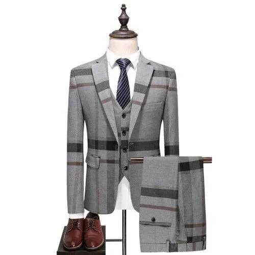 Men's Wedding Plaid Blue Gray Blazers Jacket Pants Vest 3 Pcs Set  202 Slim Fit Business Tuxedo Dress Classic Formal Suits Coat