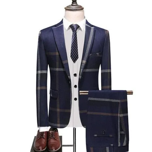 Men's Wedding Plaid Blue Gray Blazers Jacket Pants Vest 3 Pcs Set  202 Slim Fit Business Tuxedo Dress Classic Formal Suits Coat