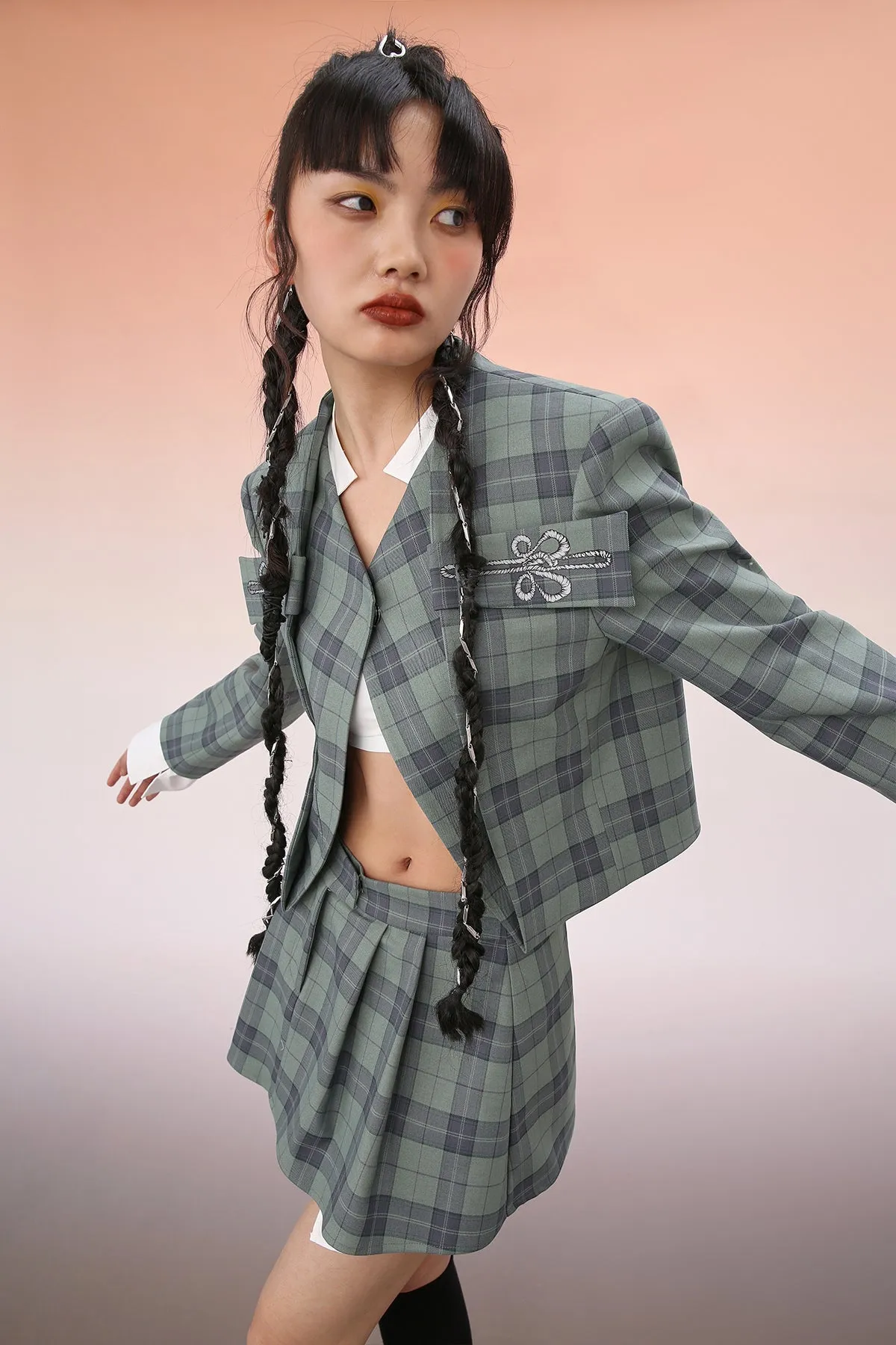 Mukzin | Embroidered Plaid Patchwork Blazer