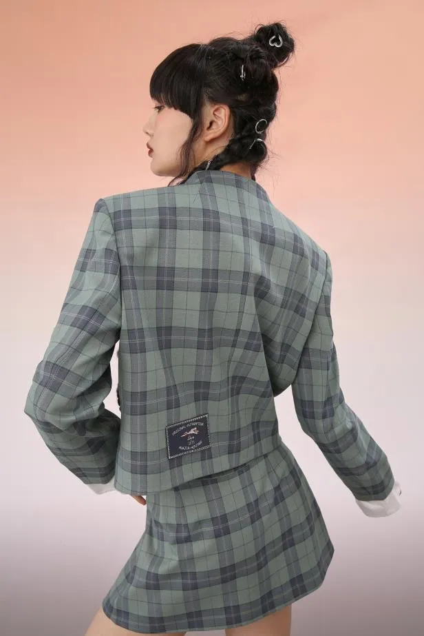 Mukzin | Embroidered Plaid Patchwork Blazer