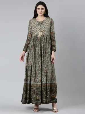 Neeru's Olive Straight Casual Floral Dresses