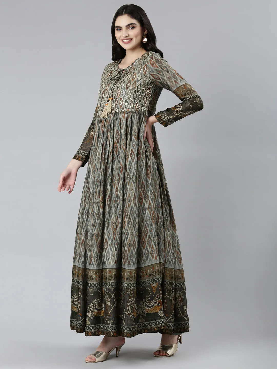 Neeru's Olive Straight Casual Floral Dresses