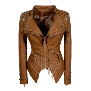 Offbeat Metal Rivet Double Zip Up Long Sleeve Vegan Leather Biker Jacket