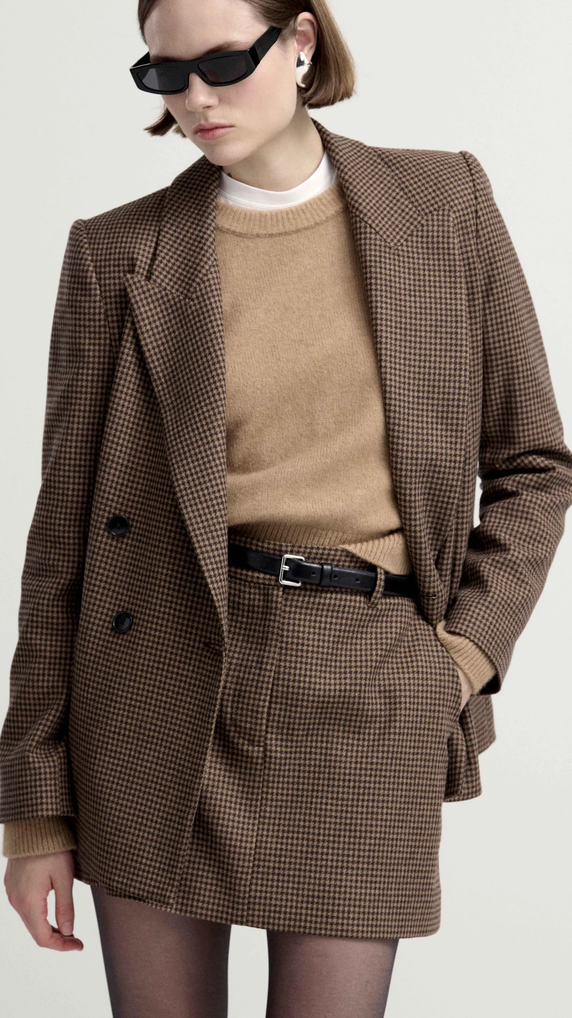 Peak Lapel Blazer in Viscose Blend | Brown/Camel Houndstooth