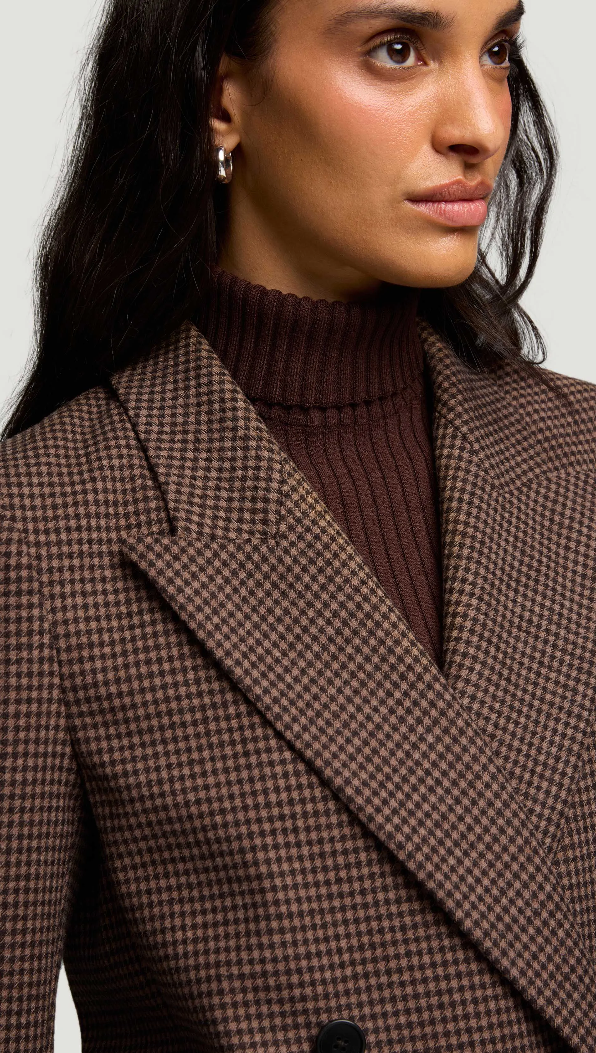 Peak Lapel Blazer in Viscose Blend | Brown/Camel Houndstooth