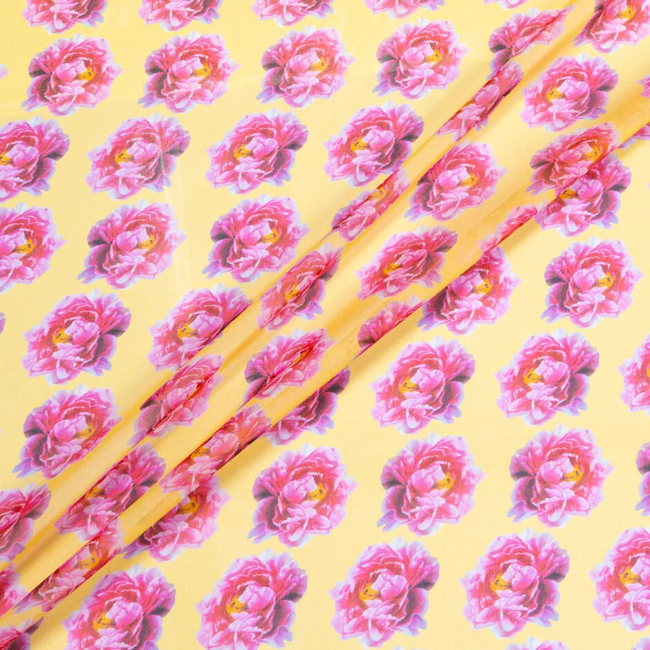 Pink Geometric Floral Printed Yellow Silk Georgette